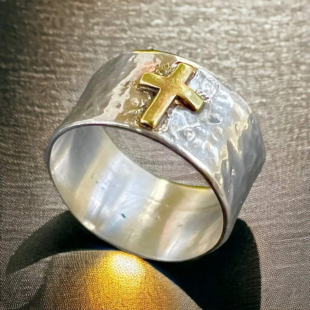 Cross Ring - Sterling Silver Band, Bronze Cross - Image 3