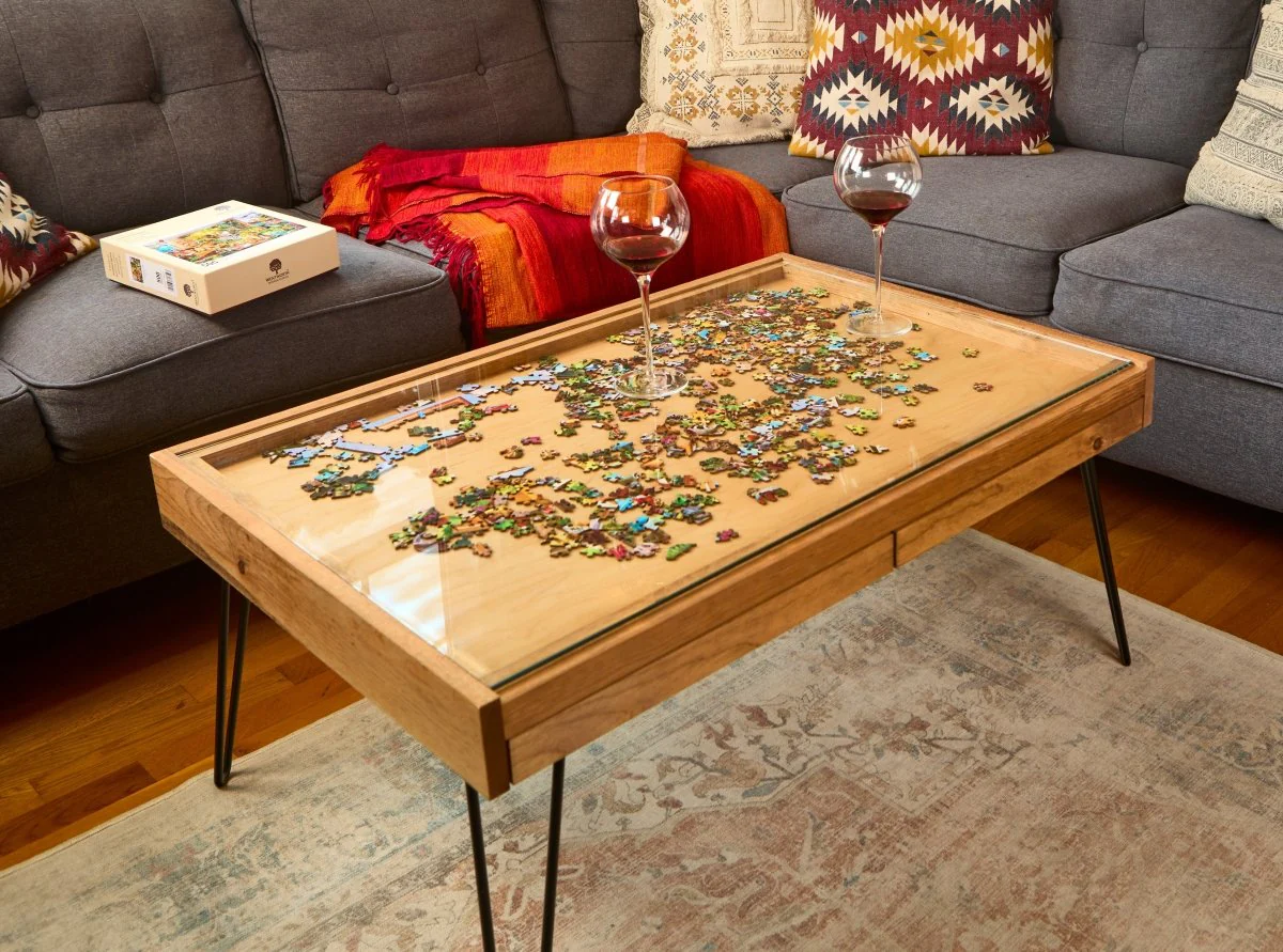 Rustic Puzzle Coffee Table with Glass Top and Hidden Drawers - Image 8