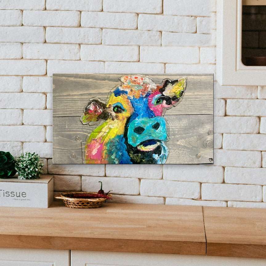 Whimsical Cow Sea Glass Colorful Art Painting on Distressed Wood - Image 2